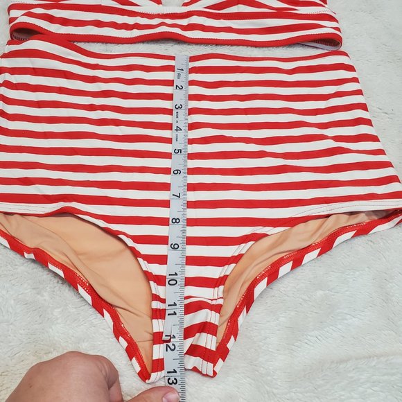 J. Crew Red White Stripe High Rise 2 Pc Swimsuit Bathing Suit Bikini Set Women L - Picture 3 of 9